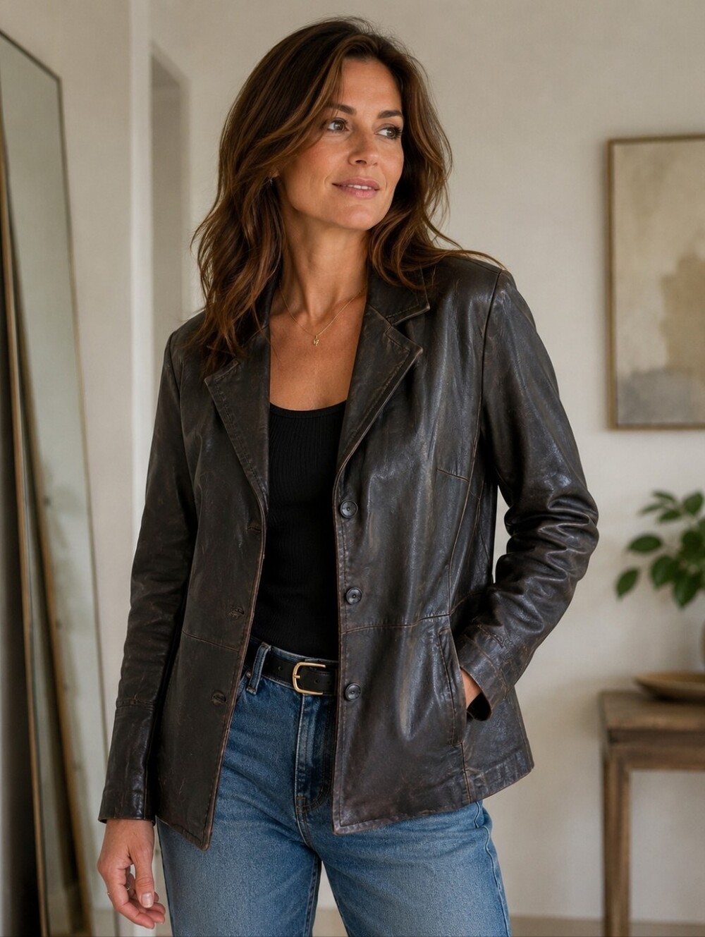Jones New York Leather Jacket Butoon Up Chocolate Brown Womens Large